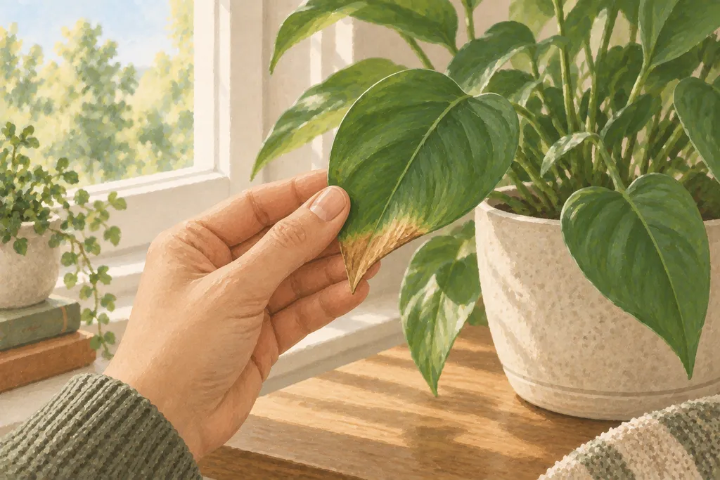 A hand holds a houseplant leaf with browned tips up toward a window.