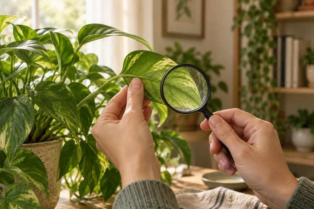 A person inspects the underside of a plant leaf with a hand lens.