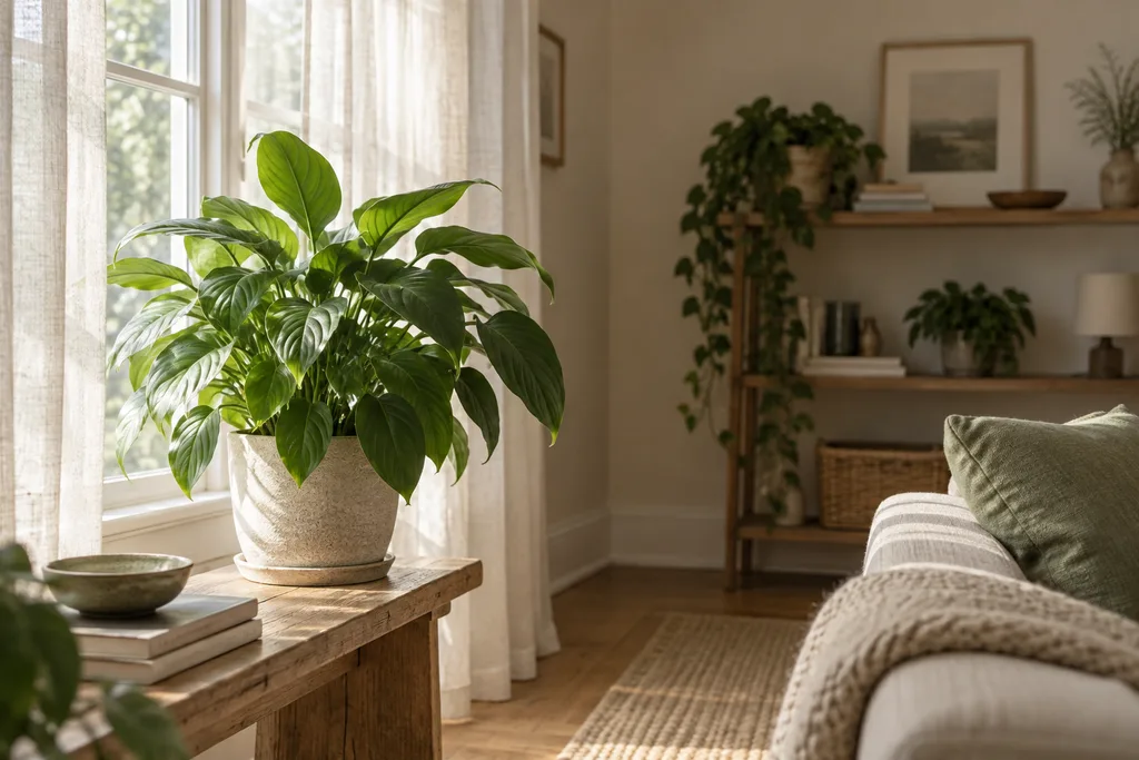 An indoor plant near a window and light curtain.