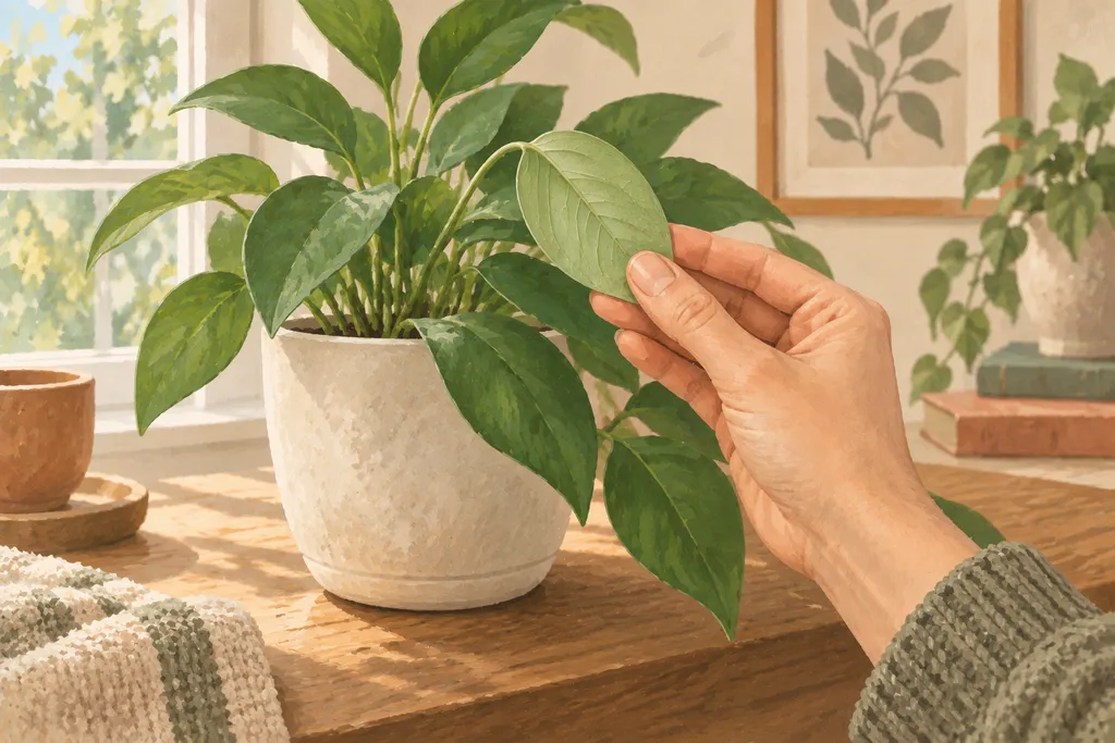 A hand turns a houseplant leaf to inspect its underside.