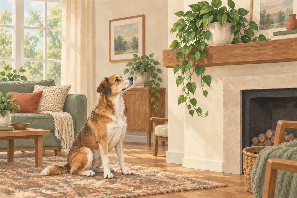 A dog sits near a leafy houseplant placed on a high shelf.