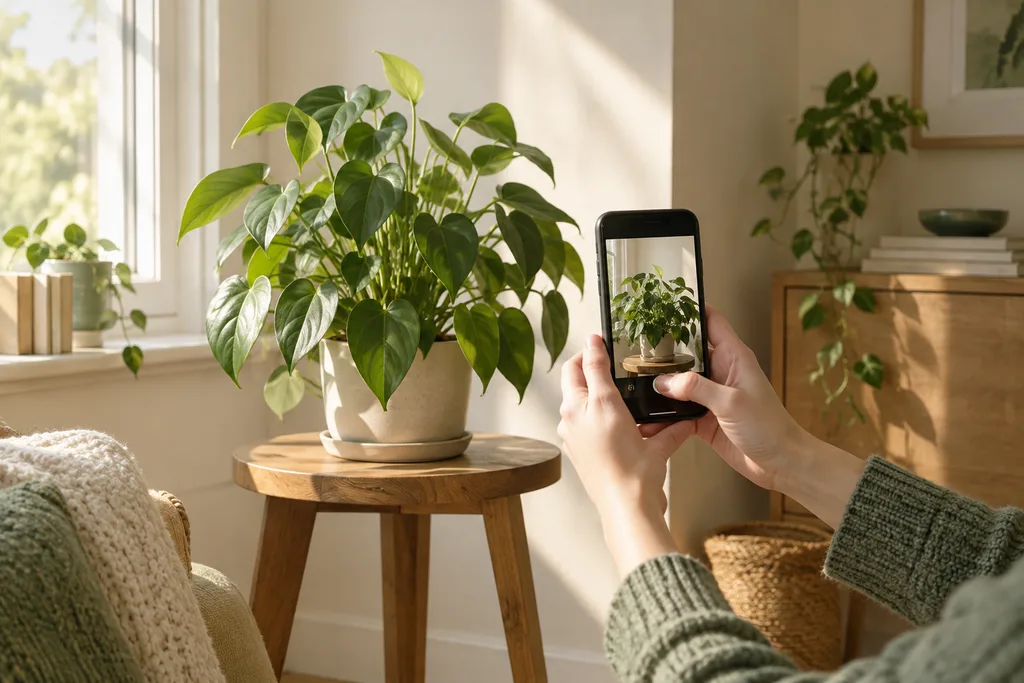 A person frames an indoor plant with a phone camera.