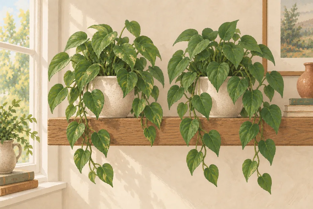 Two trailing vines with heart-shaped leaves side by side in matching pots.