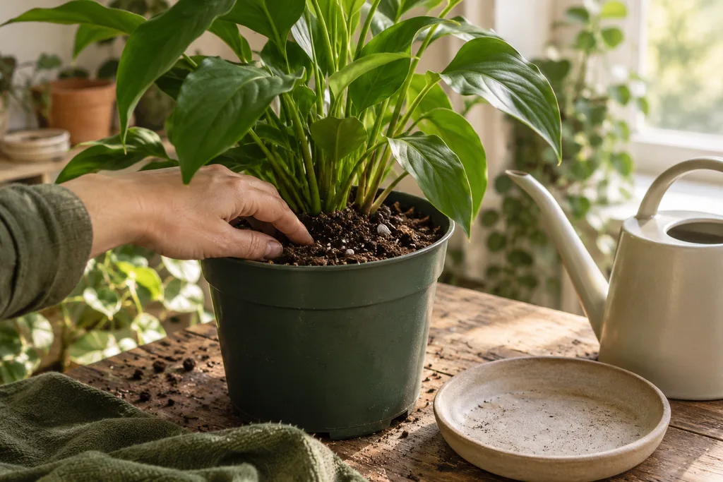 A hand checks potting mix in a potted plant beside a watering can.