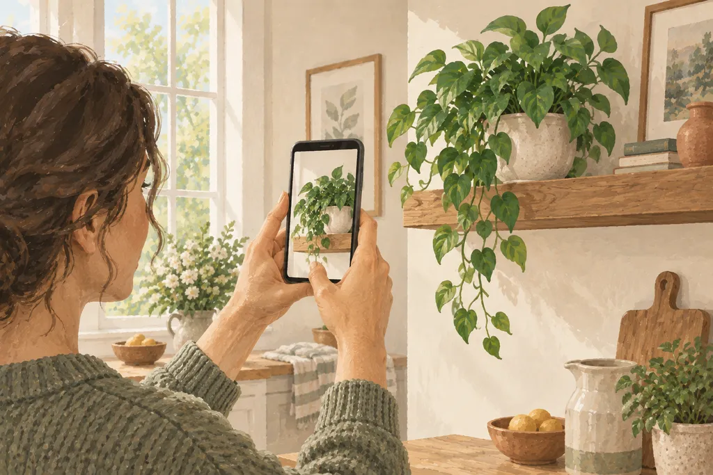 A phone camera frames a houseplant while its species name remains uncertain.