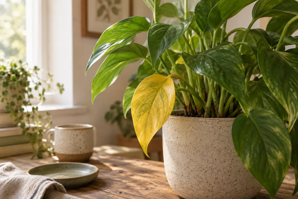 Green foliage and one yellowing lower leaf on an indoor plant.