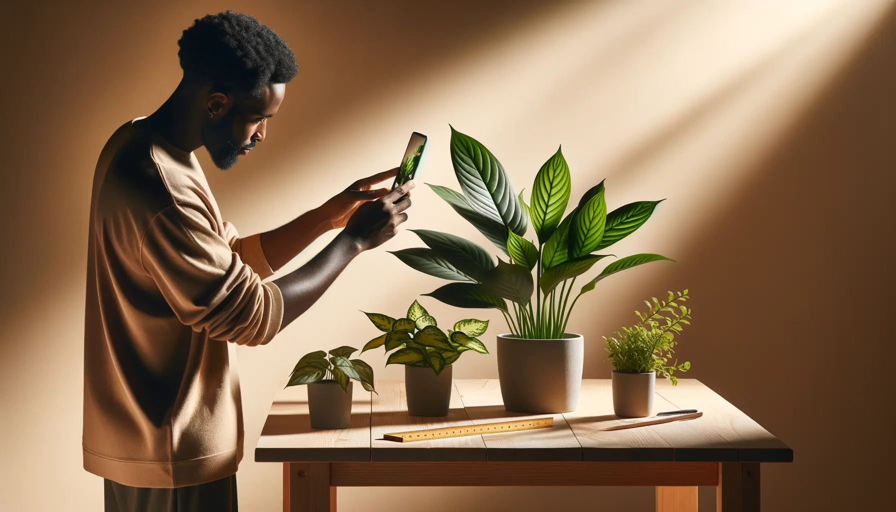 A person taking a careful photo of a group of leafy houseplants